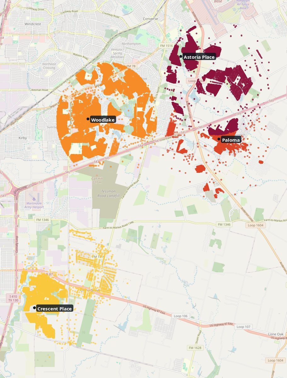 Map of Bexar County showing hail reports; heaviest hail near Crescent Place, Woodlake, Paloma.