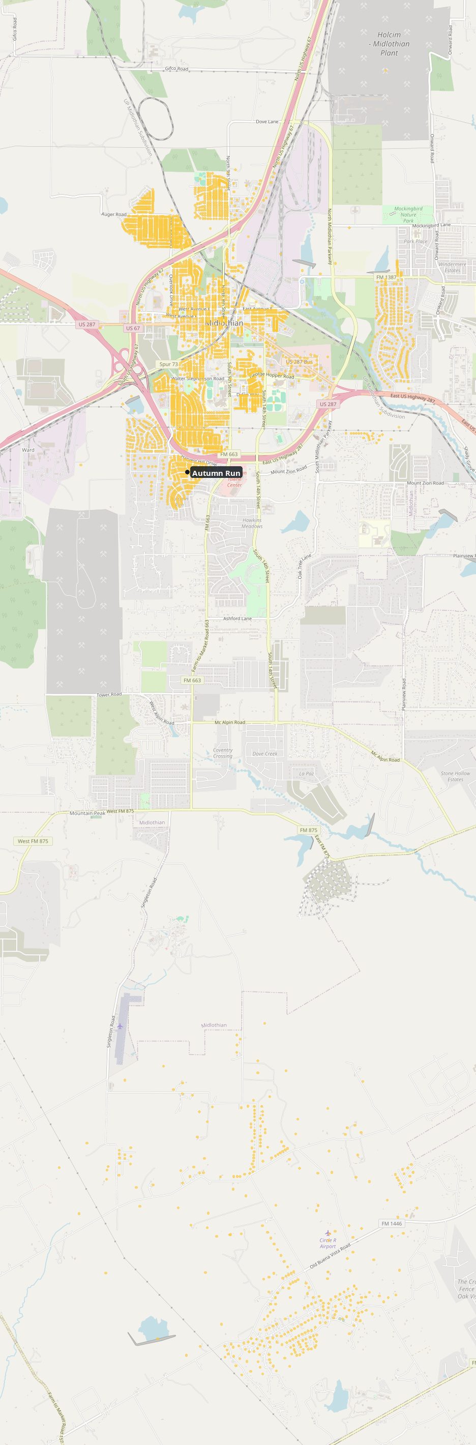 Map of Ellis County showing hail reports; heaviest hail near Around Melanie Trl, Midlothian, Tx 76065, Around Green Acres Ln, Midlothian, Tx 76065, Around E Avenue F  , Midlothian, Tx 76065.