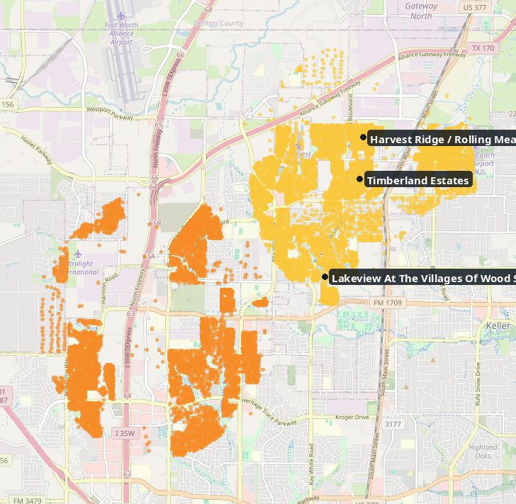 Map of Tarrant County showing hail reports; heaviest hail near Around Confidence Dr, Around Walden Wood Dr, Around Red Bluff Ln.