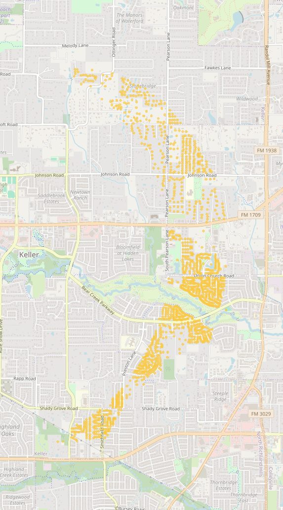 Map of Tarrant County showing hail reports; heaviest hail near Around Watercrest Dr, Around Veranda Ln, Around Old York Dr.